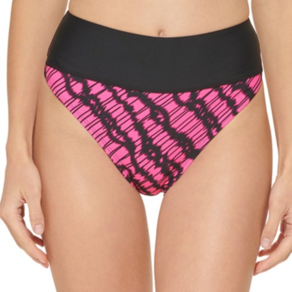 DKNY Printed High-Waist Bikini Swim Bottoms‎ Black Neon Pink XS NWOT